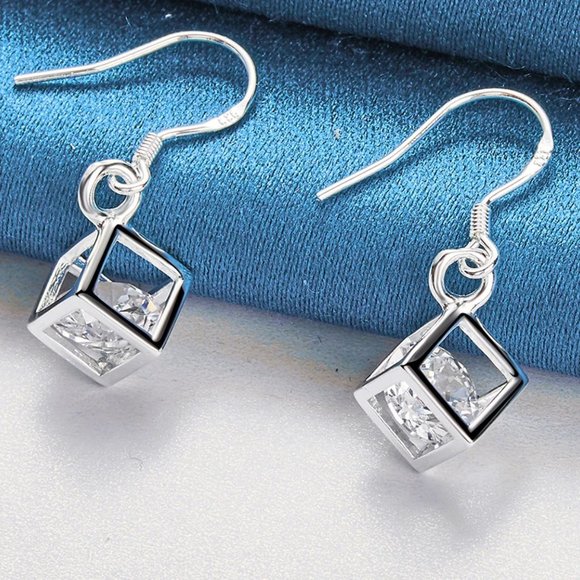 Boxed Inlayed Cubic Zirconia Drop Earrings Solid 925 Sterling Silver - Picture 4 of 5